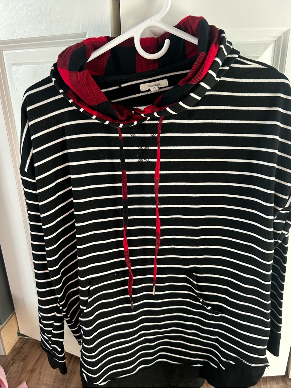 Maurices Black & White Striped Hoodie with Red Plaid Hood